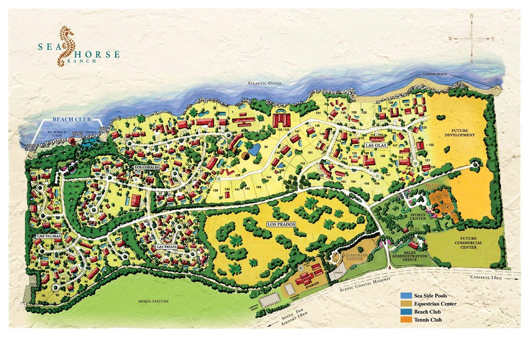 Map of Sea Horse Ranch in Sosua with Beach Club, residential sectors, Equestrian Center, and Tennis Club